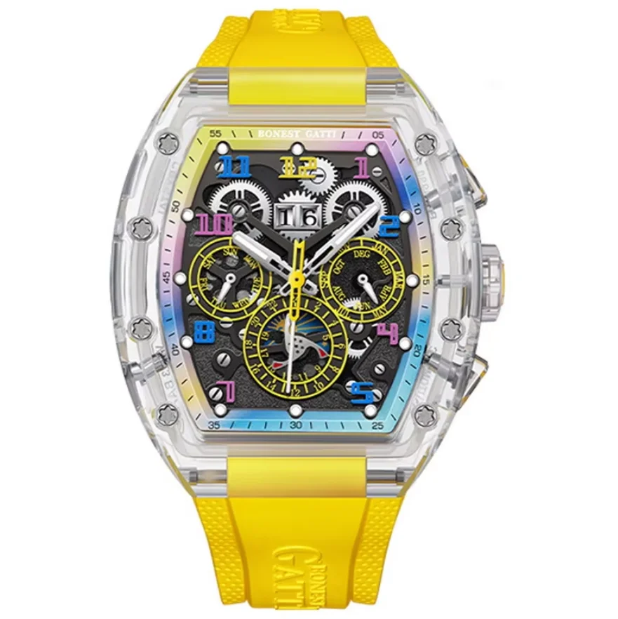 BONEST GATTI Men Automatic Watch Tonneau Mechanical Wristwatch Acrylic Case Sapphire Mirror Luminous Multi-Dial Month Week Date