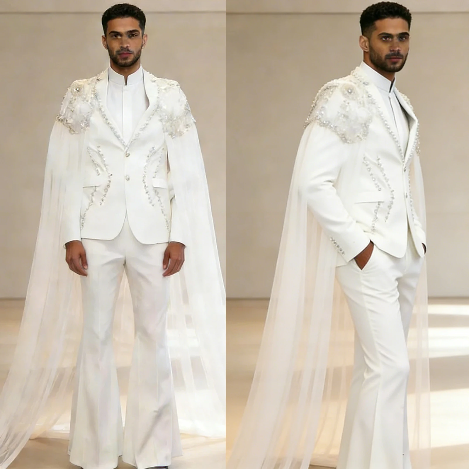 Luxury Beaded Tulle Cape Men Wedding Tuxedo Suits 2 Pieces Customized Tailored Groom Suits Prom Party Suits Male Clothing