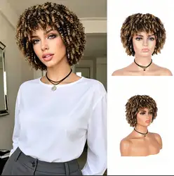 Peruka afro perwersyjne kręcone syntetyczne peruki do włosów dla czarnych kobiet, krótkie peruki z kręconymi włosami z grzywką naturalny cosplay