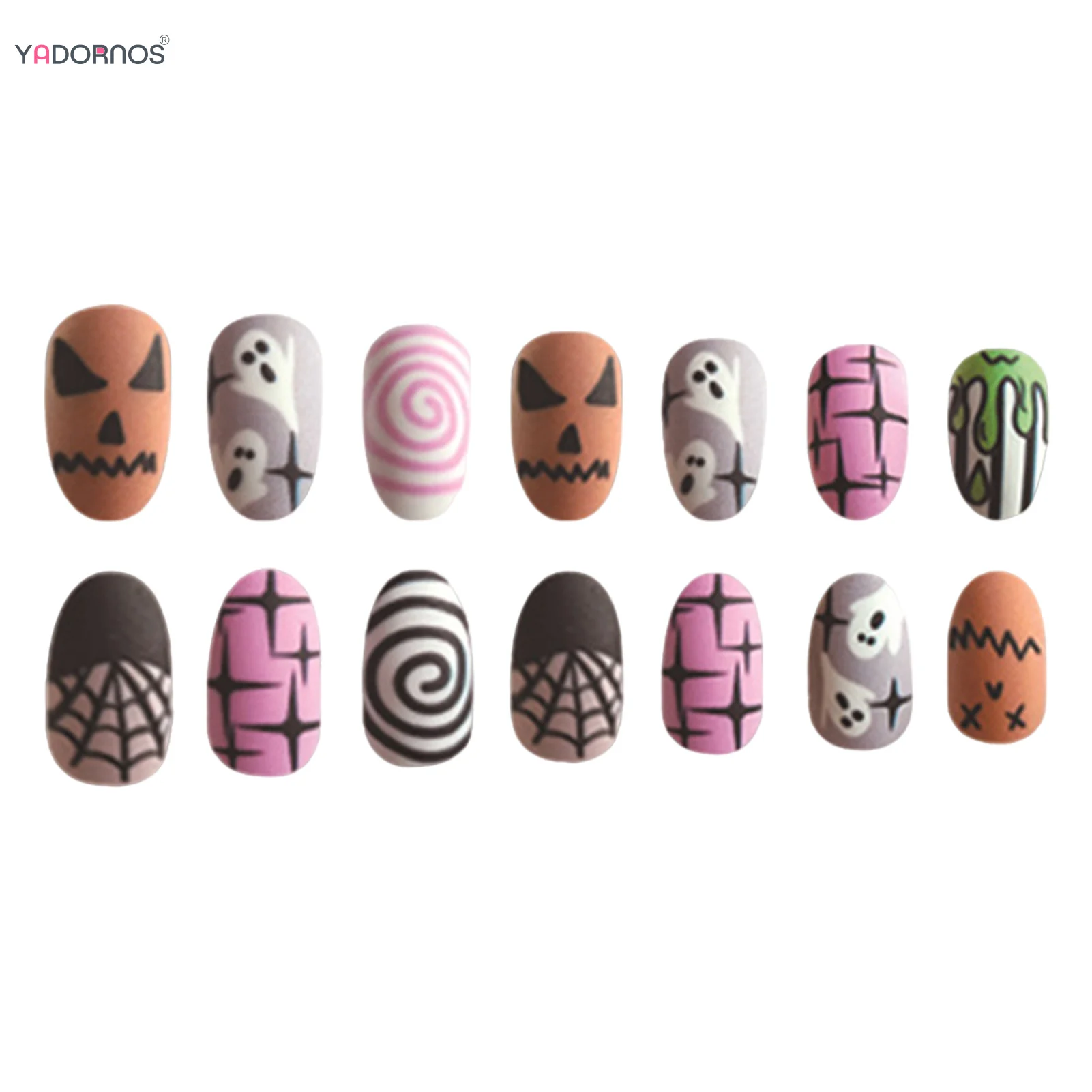 24ชิ้นธีมฮาโลวีนกดบนเล็บผีด้านแมงมุมองค์ประกอบดาวเล็บปลอมสวมใส่ได้เล็บปลอมอัลมอนด์สำหรับสาวร้อน