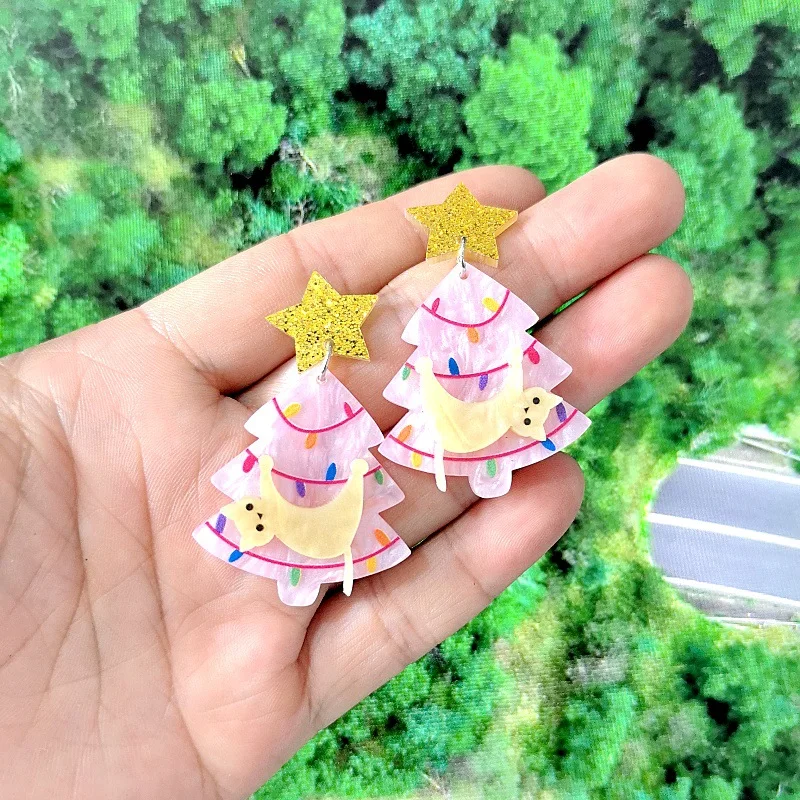 Cute Cartoon Cat Christmas Tree Earrings For Women Xmas Ball HOHOHO Acrylic Dangle Earring Party