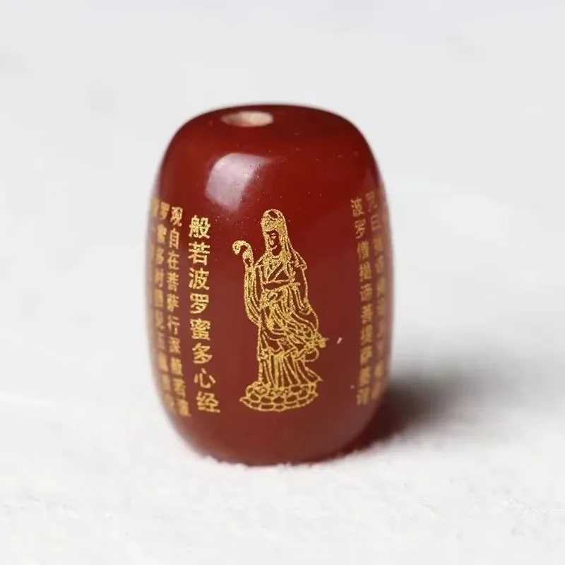 Natural Red Black Yellow Agate Lettering Gilding Guanyin Heart Sutra Spacer Beads Barrel Loose Buddhist