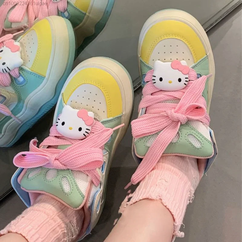 Buty Sanrio Hello Kitty blokujące kolor Y2k koreański Trend z okrągłym noskiem damskie wszechstronne trampki studenckie buty estetyczne