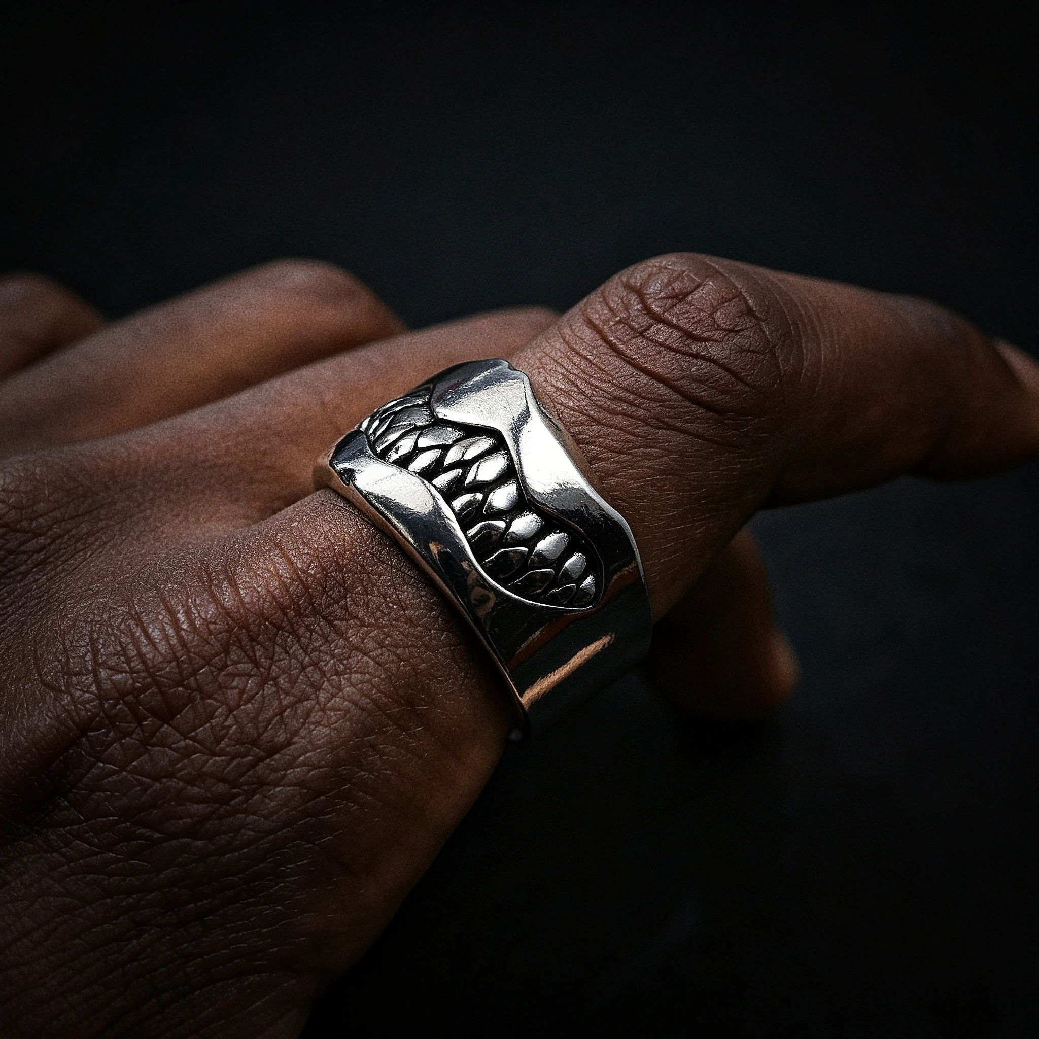 Retro “Mad Fangs” Adjustable Open Ring for Men Silver-plated Brass Gothic Punk Edgy Hiphop Jewelry Bikers Accessories Cool Gift