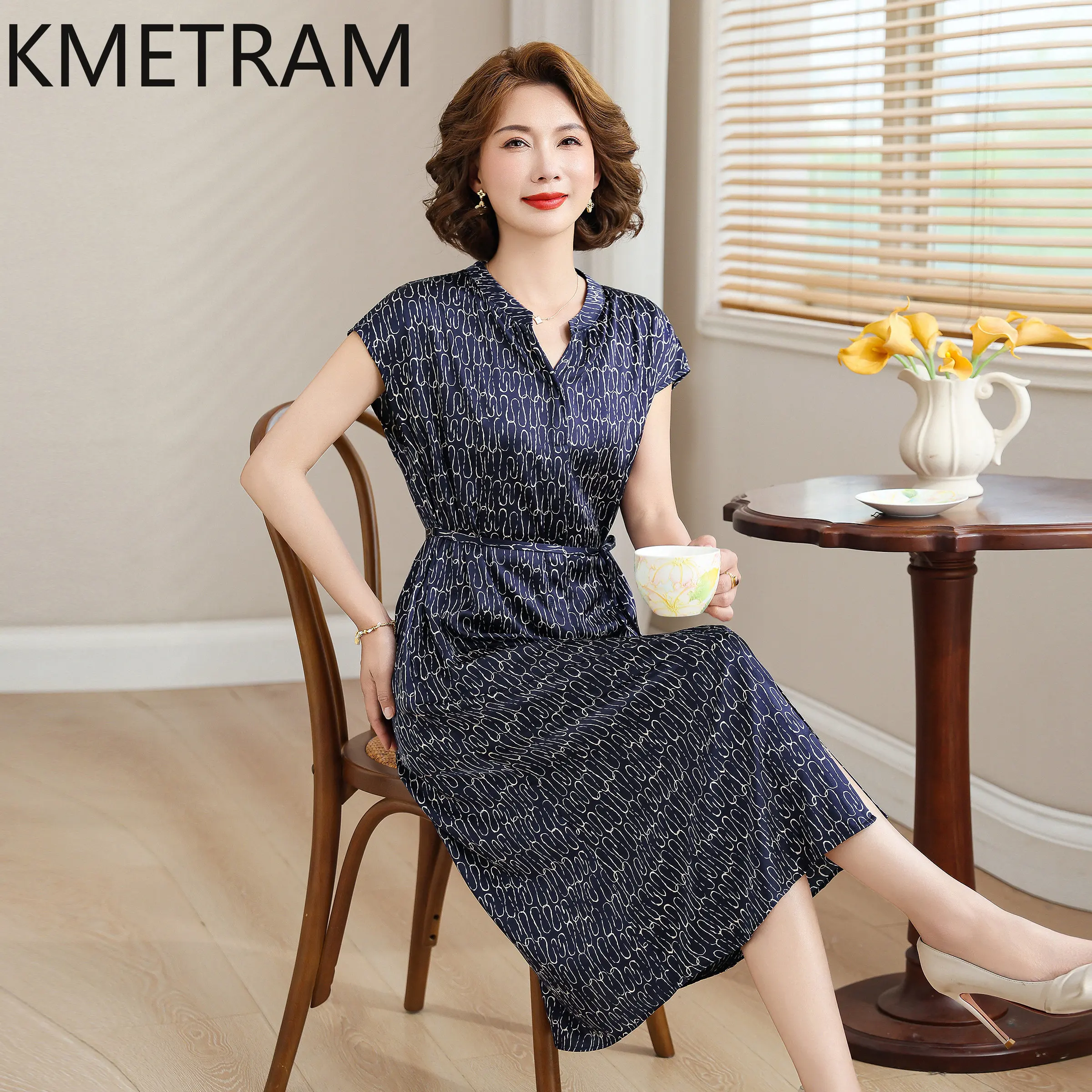 KMETRAM 90% Mulberry Silk Middle-aged Women's Dress 2026 Summer New Slimming Daily Commuting Printed Mid-length Dress Ropa Mujer
