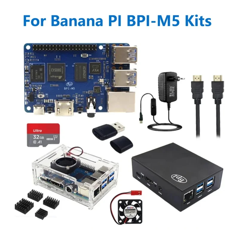 Banana Pi M5 BPI-M5 S905X3 Quad Core Cortex-A55 4GB RAM 16GB eMMC Gigabit Optional Case Fan Heatsink Power Supply TF Card