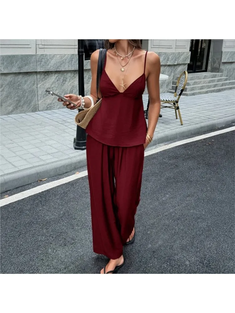 Zweiteiliges Hosen-Set für Damen, Frühling/Sommer 2026, Sexy Tiefer V-Ausschnitt Rückenfreies Cami-Top & Hochgeschnittene Lässige Weite Hose
