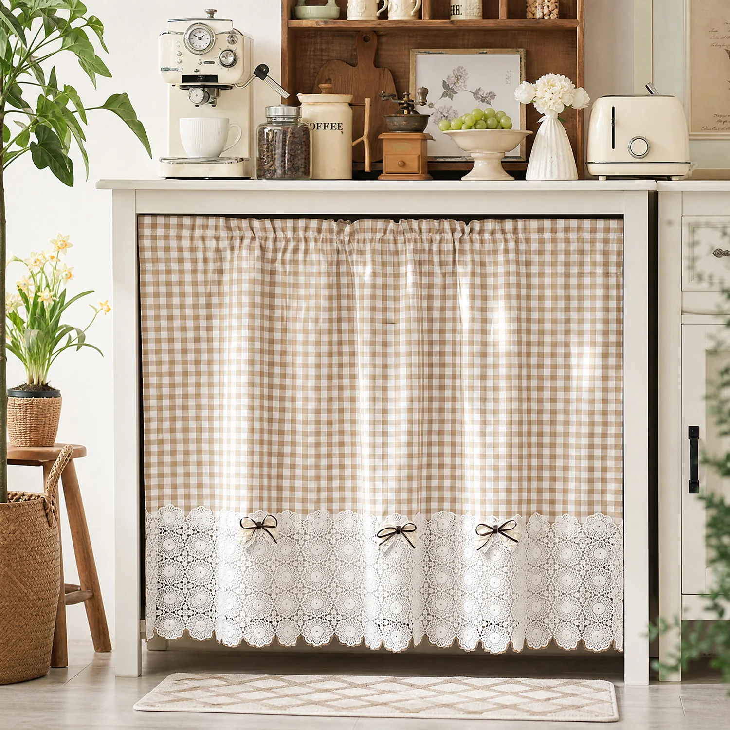 1pc Retro Apricot White Lattice Short Curtain, Hollow Lace Bows Decorrtain, for Kitchen, Small Window, Cabinet, Door Blinds