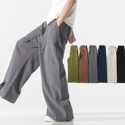 Spring Cotton Linen Pants Men Elastic Waist Casual wide leg Pant Loose Sweatpants Traditional Chinese Trousers pantalons homme
