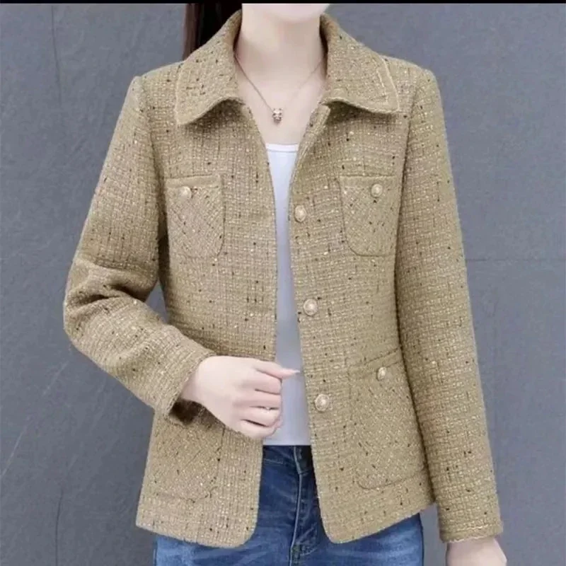 

Women Blazer Korean Chic Tweed 2023New Spring Autumn Elegant Lady Coat Single-breasted Long Sleeve Suit Female Office Overcoat