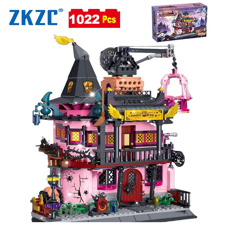 

1022 шт. MOC, креативная волшебная лаборатория, Хэллоуин, вид на улицу, набор строительных блоков, городские розовые кирпичи, сборка модели, комплект игрушек, подарки на день рождения