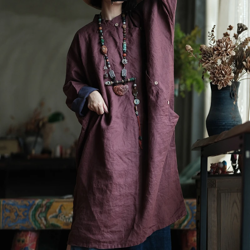 100% الكتان المرأة فستان طويل غير رسمي جديد وصول 2025 الخريف خمر الوقوف طوق بلون المتضخم فساتين الإناث M2061