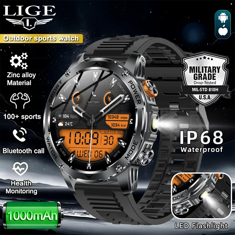 

2026 Outdoors Sports Smart Watch New 1000mAh Battery Military Grade Men IP68 Waterproof HD Bluetooth Call 100+Sports SmartWatch