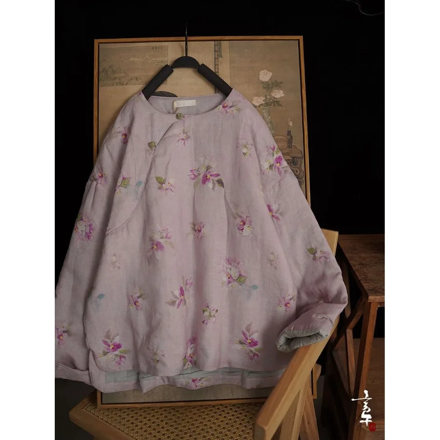 

Retro Chinese Sle Linen Print Cotton Jaet ort Coat Button up Floral Patterned Loose Fit Long Sve round Ne Top
