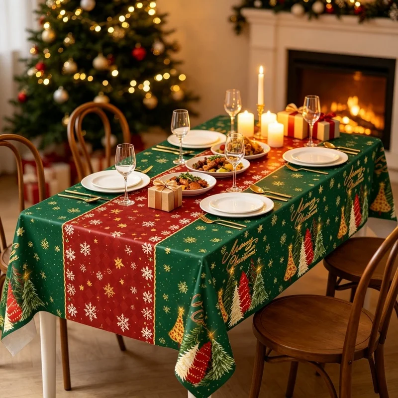 1pc Merry Christmas Tree Tablecloth Disposable Plastic Table Cover Xmas Snowflake Party Home Restaurant Dining Table Decoration