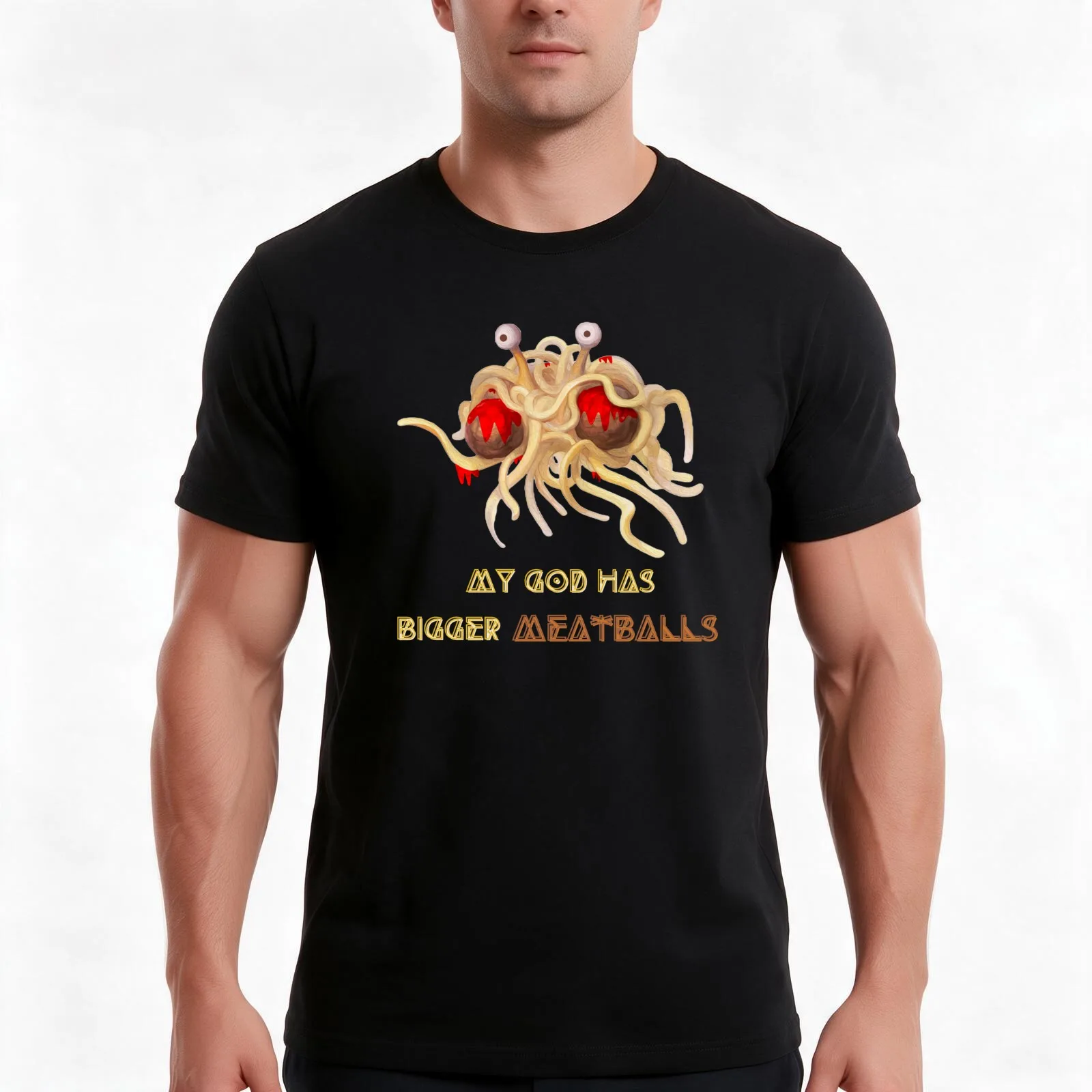 Flying Spaghetti Monster - My God Has Bigger Meatballs T-Shirt, Summer Casual Cotton Tee, Oversized Streetwear Tops, 100% Cotton