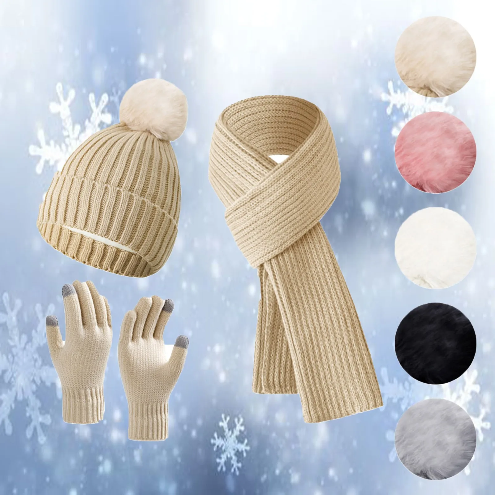 Winter Knitted Hat Scarf & Gloves Set - Fleece-Lined Thick And Warm Suits Simple Solid Color Cozy 3-Piece Winter Accessories