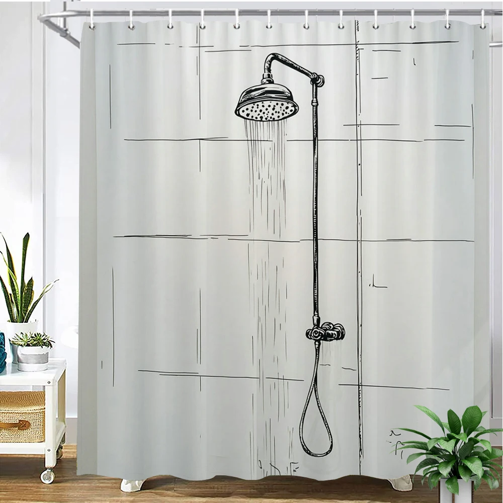 

Modern minimalist style shower head printed shower curtain polyester fabric bathroom curtain home decoration curtain with hooks