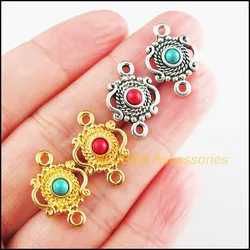 15Pcs Tibetan Silver Tone Gold Color Crown Red & Blue Stone Flower Charms Connectors 13x19mm