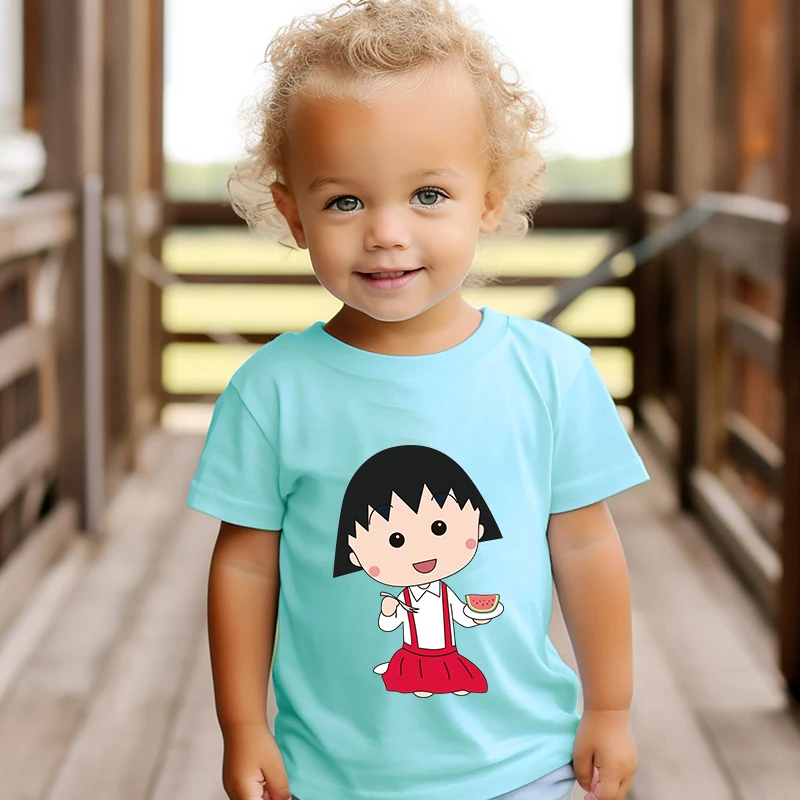 Chibi maruko-chan impresso t-shirt de algodão para crianças, manga curta, adequado para meninos e meninas, casual, azul, verão