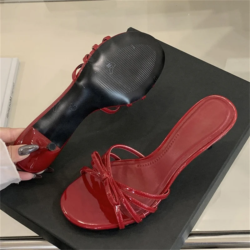 

Aneikeh/модные сандалии с открытым носком и бантом, шлепанцы, вечерние шлепанцы на высоком каблуке, женская лаконичная обувь, летние шлепанцы