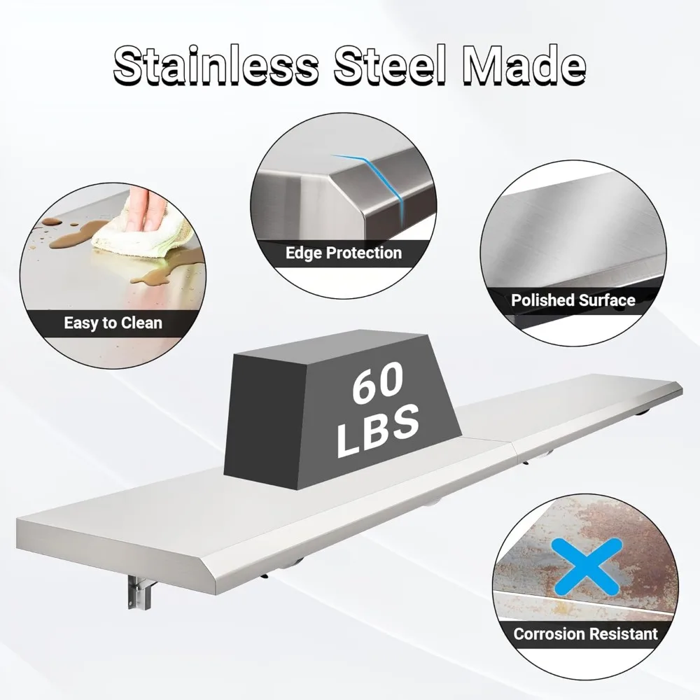 48 Inch by 12 Inch Stainless Steel Folding Concession Shelf for Food Serving at Drop Down Windows