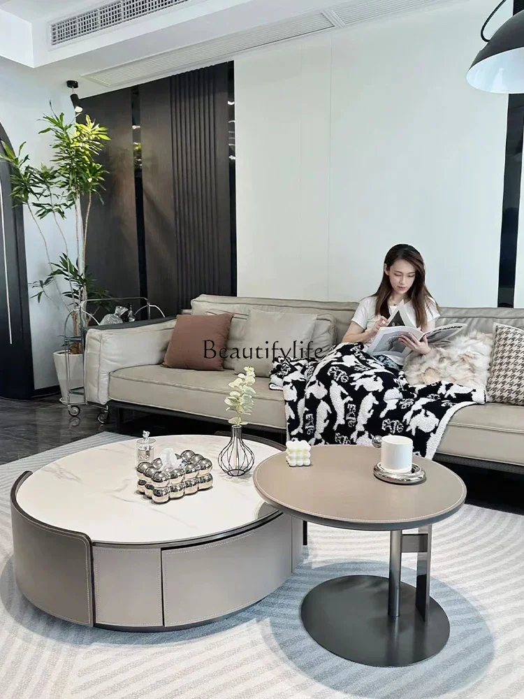 안장 가죽 사이즈 원형 커피 테이블 암석 조각판 라이트 럭셔리 이탈리아 미니멀리스트