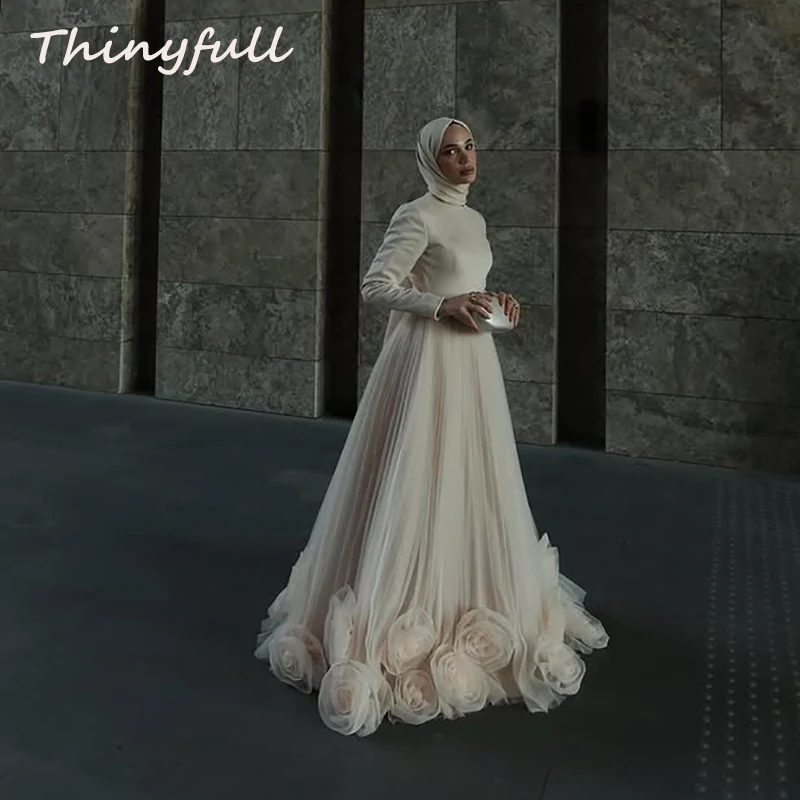 

Thinyfull A-line 3D Flowers Arab Prom Dresses Full Sleeves O-neck Evening Party Dress Formal Gown robes de soirée Customized