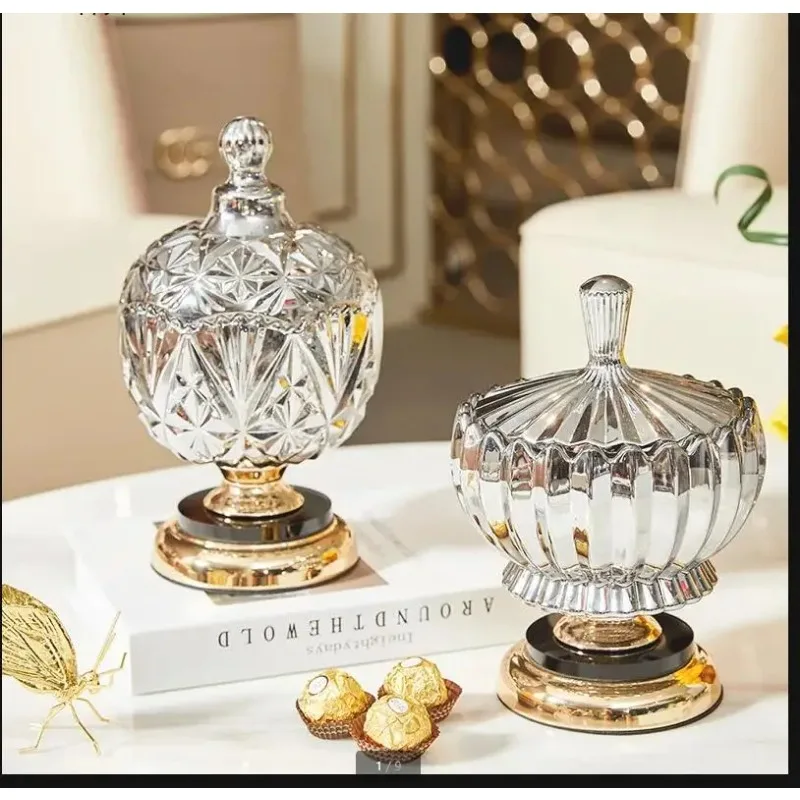

Хрустальная стеклянная банка для конфет, прозрачная декоративная банка для хранения с крышкой, бутылка с золотой основой, герметичная коробка