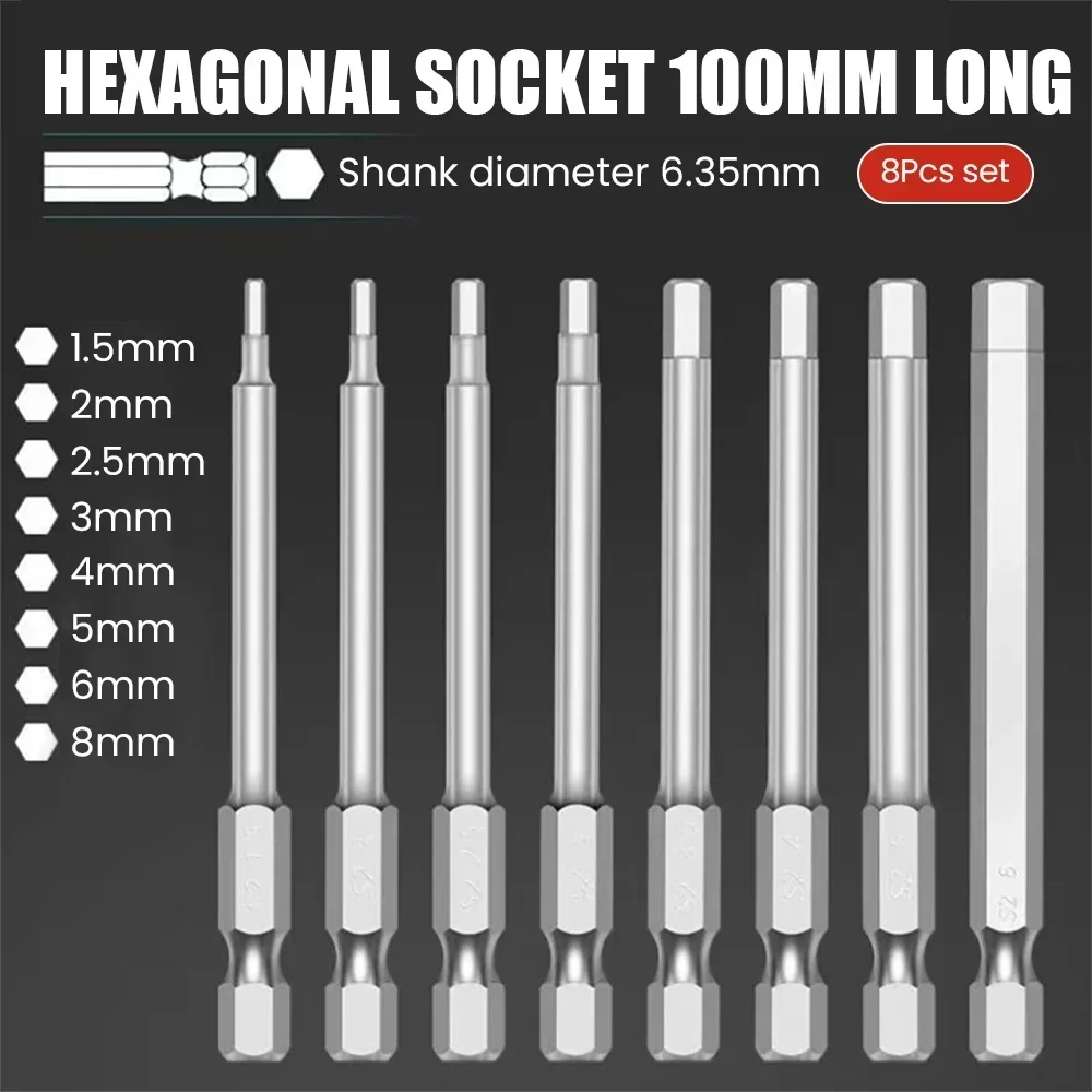 Sarung tangan kunci pas segi enam 1/4 ", Set bor obeng magnetik metrik 8 1/4 obeng lintas Hex, alat multifungsi