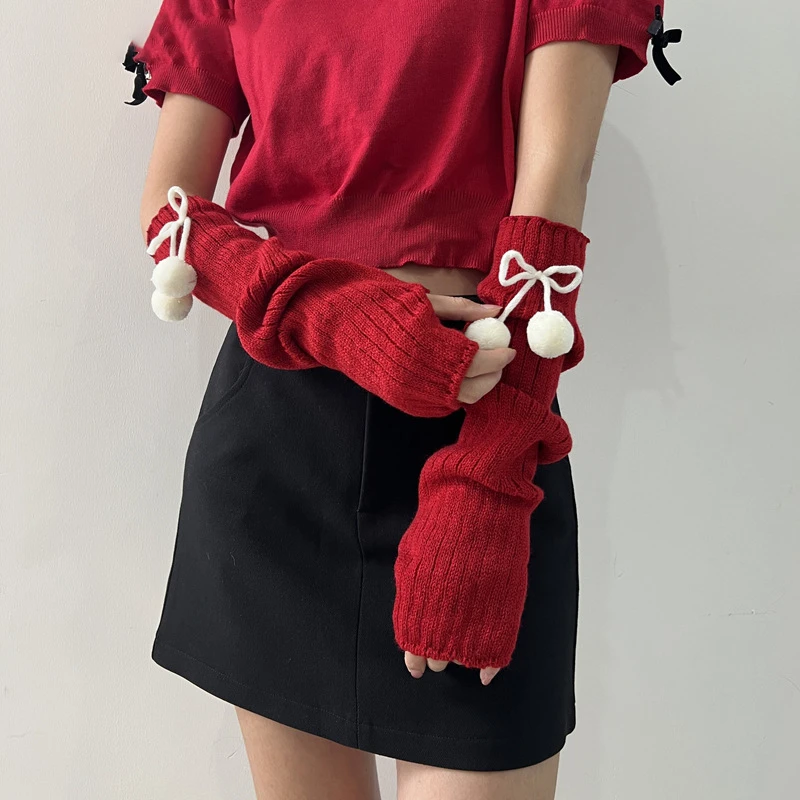 Copribraccio rosso lavorato a maglia Hip-Hop maniche lunghe senza dita Decorazione gomito elastico Guanti con foro per il pollice Adolescenti Cosplay