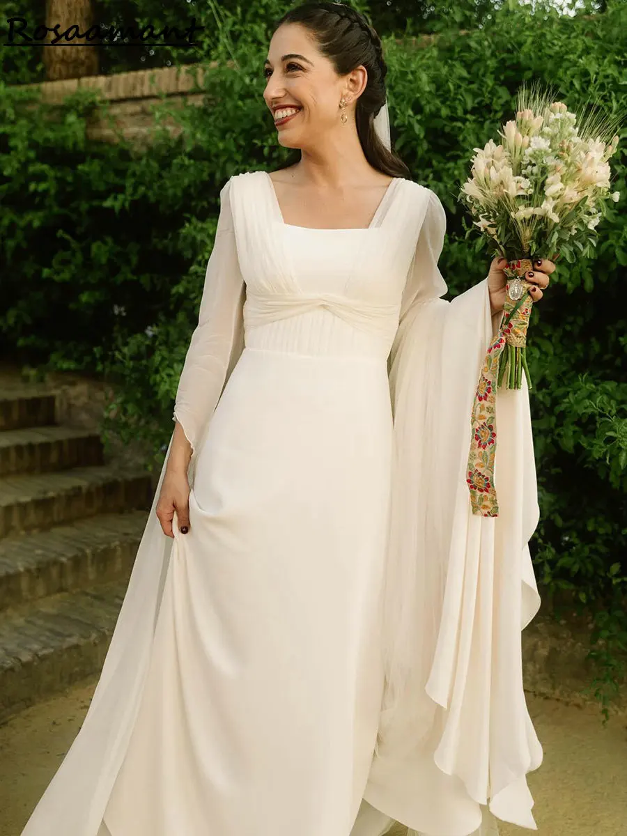 

2024 Chiffon Pleat A-Line Wedding Dresses Long Sleeve Boho Country Bridal Gowns