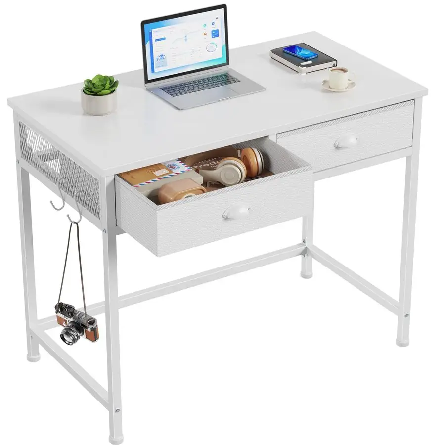 

White Small Computer Desk with 2 Fabric Drawers for Bedroom,34 Inch Simple Home Office Writing Desk, Vanity Desk with Hooks, St
