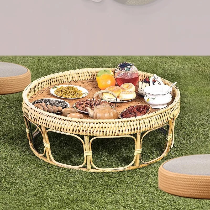 Plastic rattan coffee table round Thai household end table Japanese bay window tea table for Living room bedroom Household furni