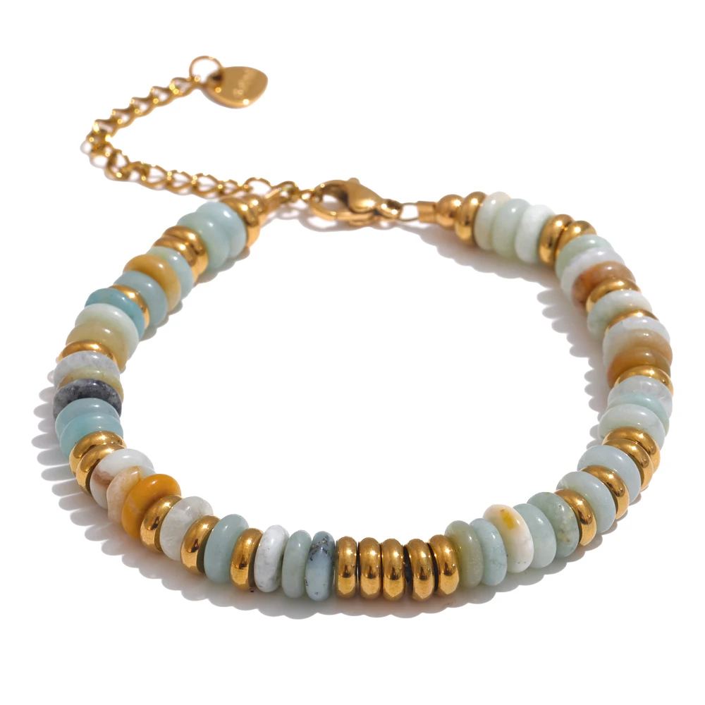 Yhpup Colorful Natural Stone Beads Chain Handmade Bracelet Bangle Waterproof Bohemia Stainless Steel Y2K Trendy Jewelry Gift image 3