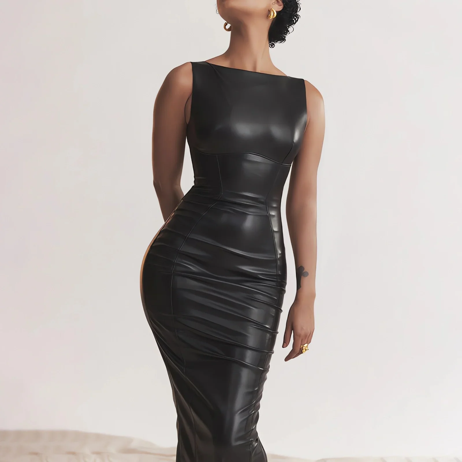 Women Sexy Party Strapless Bodycon Pu Leather Slim Package Hip Black Slit Long One-Piece Dress Bodysuit Female Clothing