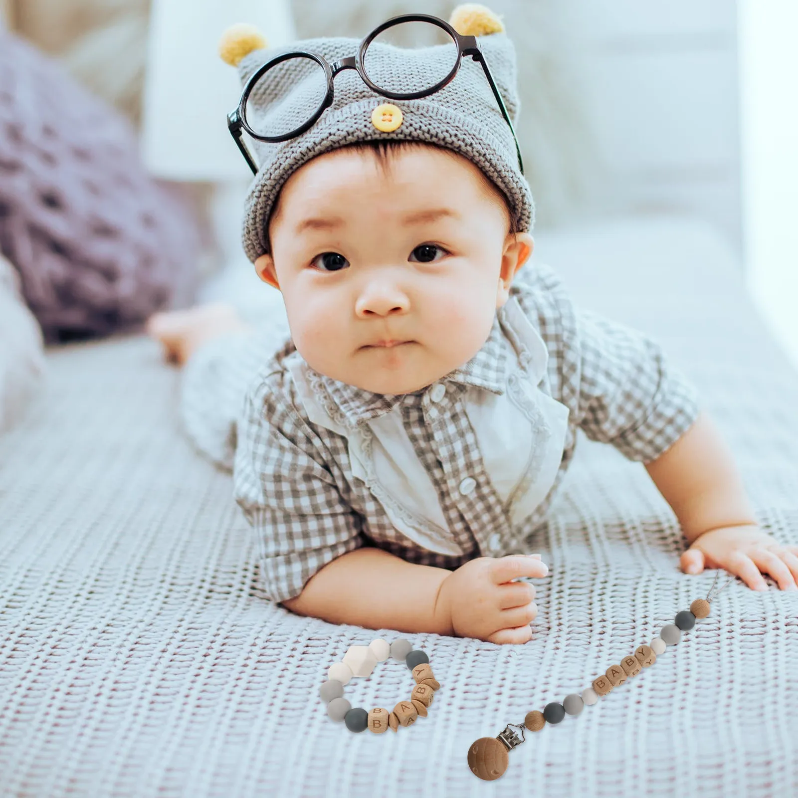 1 Set de Mordedores de Silicona para Bebés, Mordedor de Madera con Diseño de Dibujos Animados para Aliviar el Dolor de Dentición, Cadena para Chupete, Mordedor de Entrenamiento para Bebés