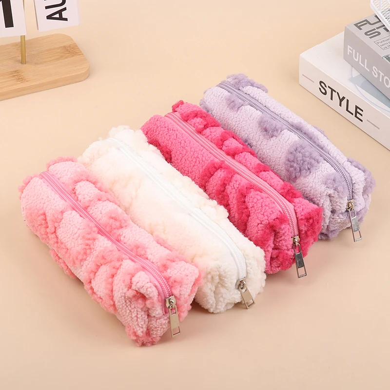 Plush Makeup Bags With Handle Soft Travel Cosmetic Storage Bag Portable Love Print Organizer Pencil Case Cute Clutch Pouch