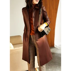 Burgundy Leather Trench Coat Spring Autumn Ladies Single-Breasted Belt Slim Long Fashion Temperament Genuine Sheepskin Jackets