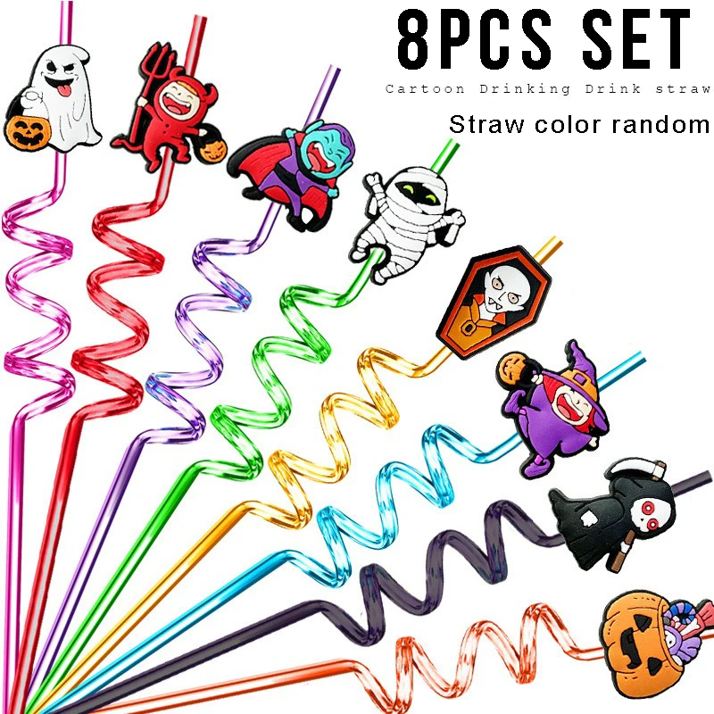 8pcs 27cm Plastic Halloween Straw Reusable Miner Plastic Spiral Drinking Straws Kids Birthday Party Decorations Juice Straws