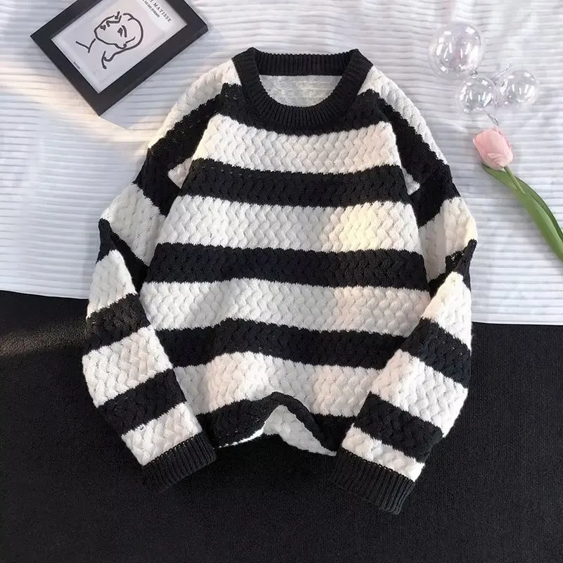 

Большой размер, осенне-зимний мужской вязаный свитер, круглый дизайн в полоску Ne, 300, подростковый модный повседневный трикотаж свободного покроя