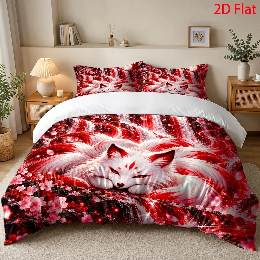 3Pc Cute Red Nine-Tailed Fox Duvet Cover Set, 1 Duvet Cover + 2 Pillowcases, Three-Piece Bedding Set, Suitable for All Seasons, Machine Washable, Invisible Zipper Double Bed Cover, Suitable for Home, Dorm, Master Bedroom, Guest Room, Cartoon Fantasy Rainbow Cloud Print, Large Duvet Cover Bedding Set, Fresh Floral Heart Pattern Bedding, Hot-Selling Ins-Style Bedding Three-Piece Set, Soft Skin-Friendly Bedroom Bedding Set, Girly Unicorn Bedding