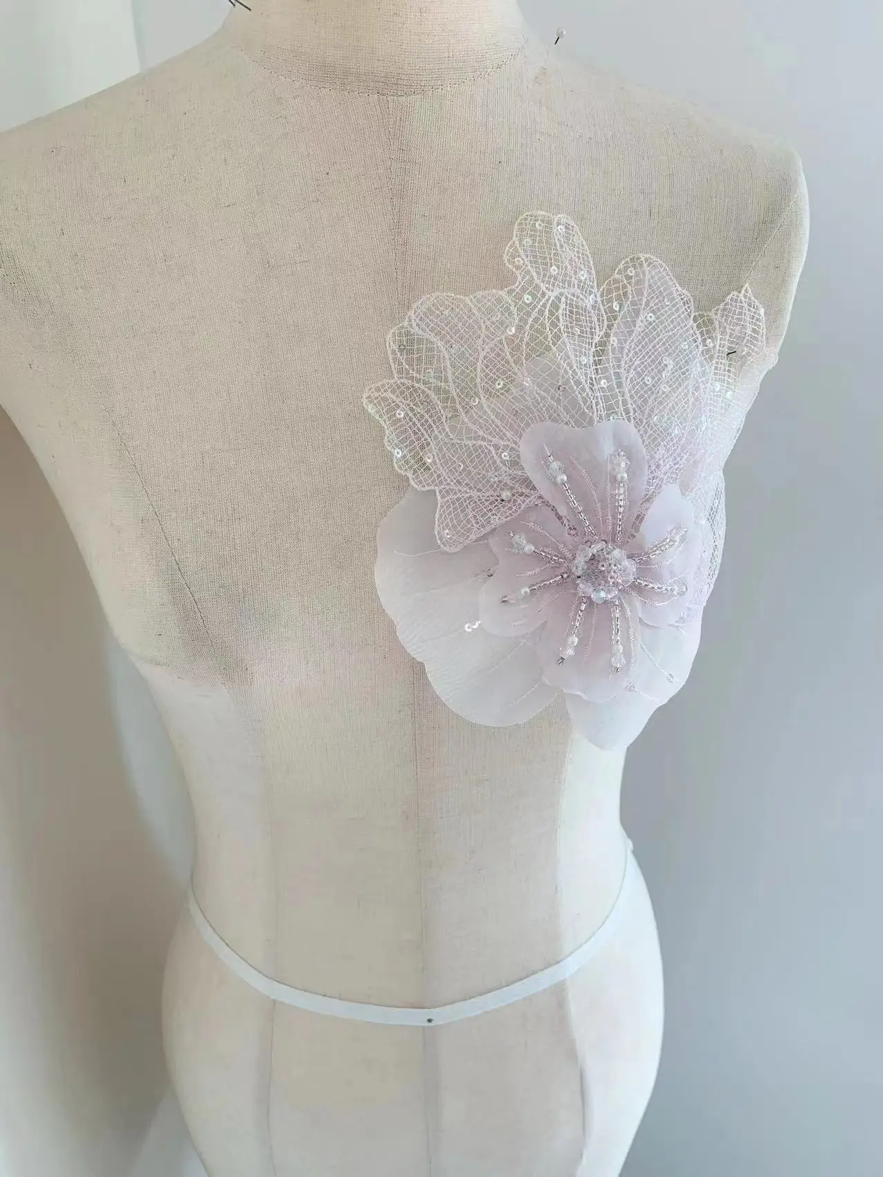 3D Embroidery Rhinestone Sequins Pink Flower Applique Seed Beaded Lace Patch for Couture,Wedding Dress,Off White Dance Costume