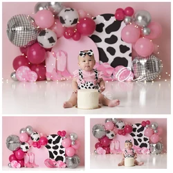 Disco Cowgirl Photo Background for Birthday Cake Smash Photo Studio Props Pink and Black White Balloons Photography Backdrop