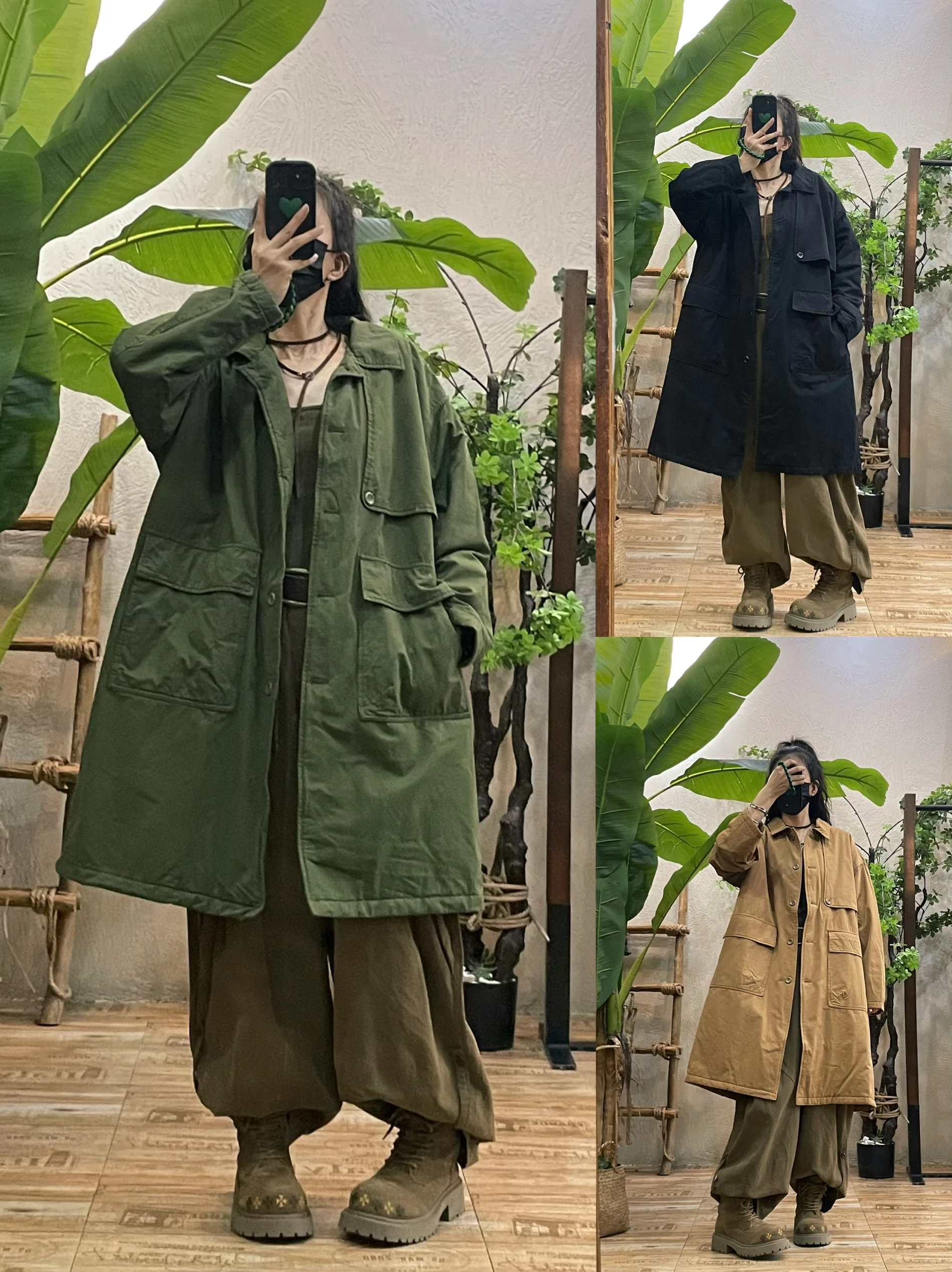 

Retro Distred Cotton Blend Women's Jaet Coat Medium Length Single Button Collar Loose Fit Winter Outerwear