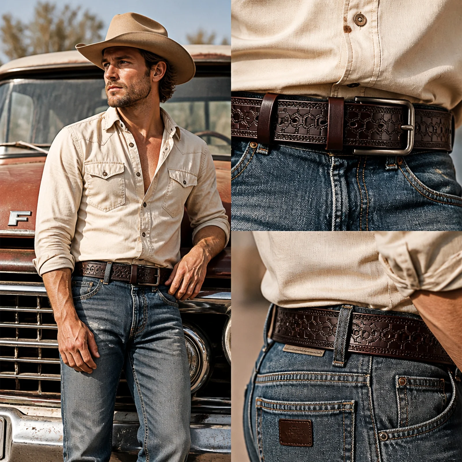 Western Cowboy Vintage Embossed Leather Belt – Distressed Tooled Scratch-Resistant Casual Everyday Accessory