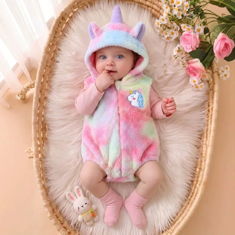 Newborn Infant Baby Girls Unicorn Romper Rainbow Plush Sleeveless Bodysuit With Horn Ears Cute Costume Outfit 0 24M