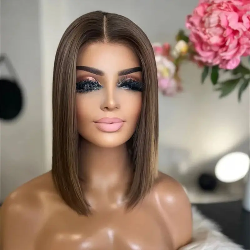 

Синтетический парик с отдельной прядью 13x4, балаяж, омбре, коричнево-русый, синтетический парик с добавлением человеческих волос, с предварительно проработанной линией роста волос, короткий прямой боб