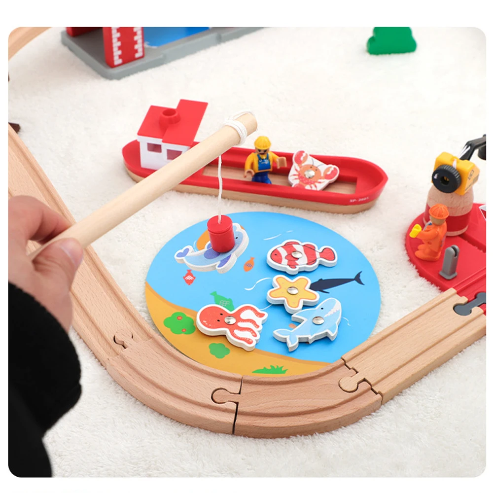 Small Track Set With Sea Transportation Dock Scene Theme, Children's Fun And Puzzle Wooden Train Track Toy Set, XT151