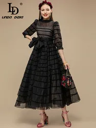 LD LINDA DELLA Fashion Designer Summer Long Dress Women's Stand collar High waist Belted Black Gorgeous Elegant Party Dress